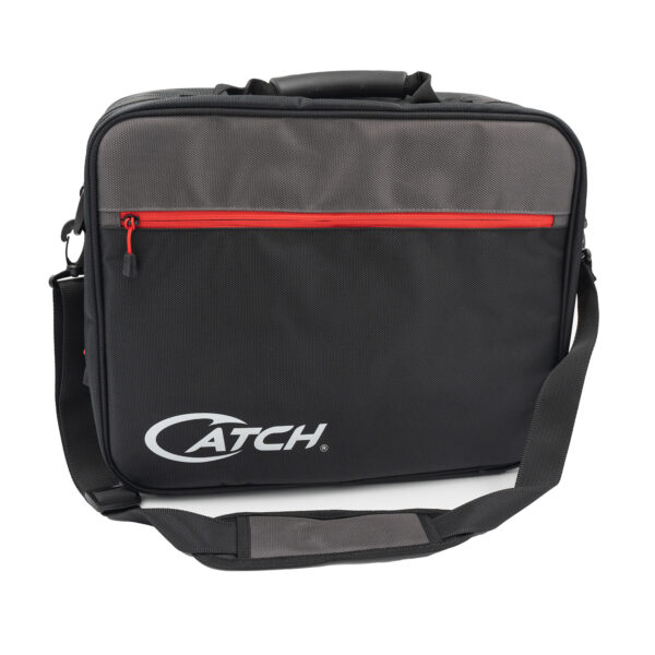 Introducing the Catch 6 Compartment Reel Bag – where functionality meets style in true BerleyPro fashion! This sleek black and gray bag isn’t just your average laptop carrier. Featuring a sturdy handle and an adjustable shoulder strap, it’s designed for those on the go. The bold "CATCH" logo splashed across the front lets everyone know you mean business, while the vibrant red zippered pocket is ideal for keeping your essentials neatly organized and within reach. Whether you're heading to the office or out on an adventure, this bag's got you covered!.