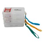 Check out this slick stack of four clear plastic boxes, each featuring vibrant blue, yellow, and green straps that scream organization! Topping off the set is the Catch Tacklebox 5 Section Doublesided. With dimensions of 190 x 110 x 48 mm and a bold red label complete with text and barcode, it’s your go-to for keeping those doublesided compartments tidy. Perfect for anglers looking to up their gear game!.