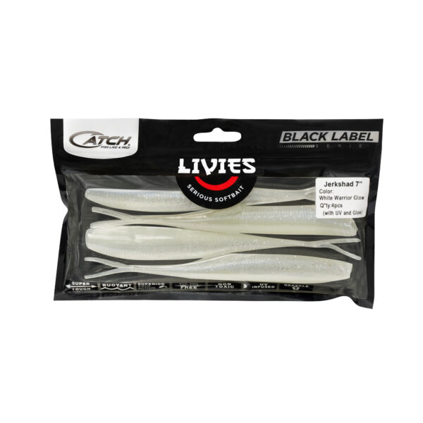 Get ready to elevate your fishing game with the Catch Black Label Livies Jerkshad in "White Warrior Glow." These powerhouse 7-inch soft bait lures come in a pack of five and are designed for the dedicated angler who demands top-notch performance and quality. With their premium build, these lures will have you reeling in the big ones like a pro.