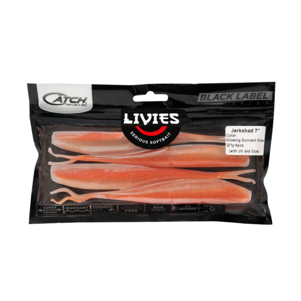 Introducing the Catch Black Label Livies Jerkshad, a top-tier selection of 7" soft fishing lures in the eye-catching "Glowing Gurnard Glow." This premium package includes four meticulously designed pieces that are perfect for your next fishing expedition. Whether you're a seasoned angler or just getting started, these lures will elevate your game to new heights. Get ready to reel in the big ones with unmatched style and precision!.