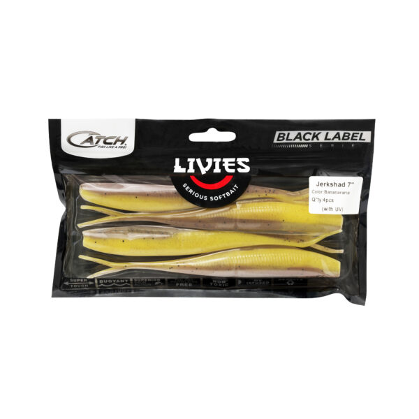 Check out this awesome pack of Catch Black Label Livies Jerkshad fishing lures! These bad boys come in a sleek 7" banana color that'll catch any fish's eye. You get a set of 6 with UV enhancement for that extra edge out on the water. Perfect for your next adventure!.