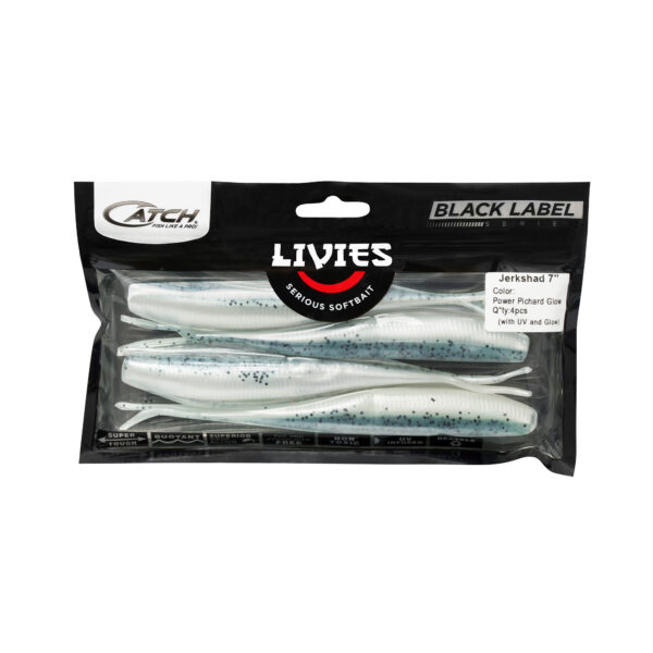 Introducing the Catch Black Label Livies Jerkshad—a game-changer in the world of soft plastic lures. This 7" beauty, known as "Power Pilchard Glow," boasts a stunning white and speckled design that stands out in any water. Elevate your fishing game with this premium choice crafted for unbeatable performance and irresistible action.