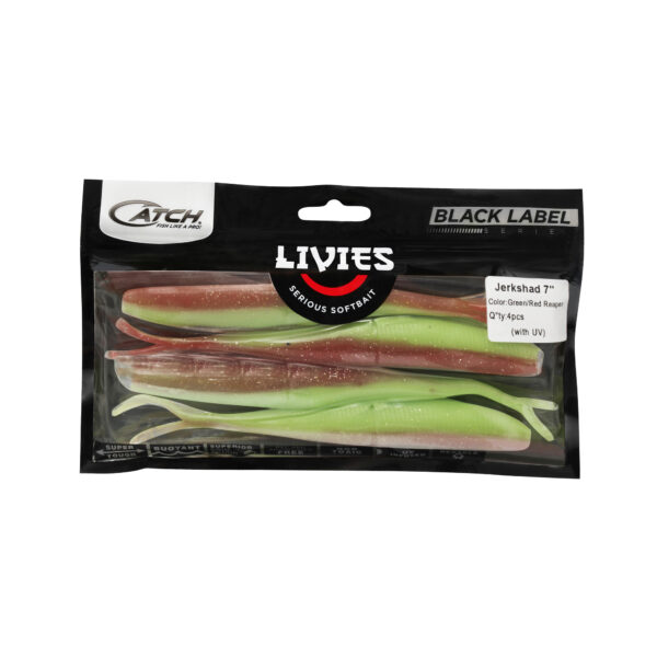 Introducing the Catch Black Label Livies Jerkshad pack, designed to elevate your angling game! This set comes packed with four killer 7" soft lures, all decked out in an electrifying "Grass Red Reaper" design. With a vivid green and red finish enhanced by UV technology, these lures are crafted to entice and excite. Perfect for those looking to make serious waves on their next fishing adventure!.