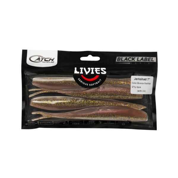 Experience unparalleled angling success with our Catch Black Label Livies Jerkshad soft baits! Measuring in at a hefty 7 inches, these beauties come in a striking bronze mullet color. Sold as a convenient 6-pack, they're UV enhanced for that extra edge every keen fisherman needs.