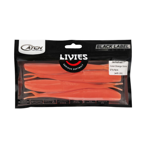 Introducing the Black Label Livies Jerkshad from BerleyPro! This premium collection brings you a pack of 4 standout orange soft plastic fishing lures, each proudly bearing the "Jerkshad 7" label. Designed to entice with unmatched realism and performance, these lures are your new go-to for serious fishing enthusiasts looking to up their game. Experience superior action in every cast with BerleyPro!.