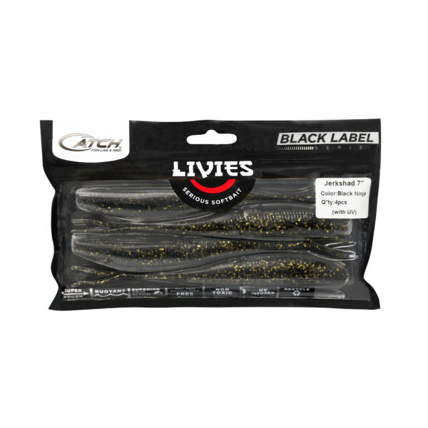 Experience the thrill of fishing with our Black Label Livies Jerkshad, measuring a striking 7 inches in the stealthy Black Ninja color. Housed in sleek clear and black packaging adorned with eye-catching gold specks, each pack includes 6 premium lures designed to level up your angling game.