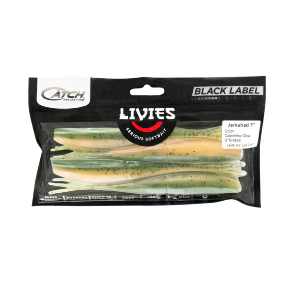 Introducing the Catch Black Label Livies Jerkshad, a game-changer for your tackle box. This 7-inch dynamo in the eye-catching "Californian Glow" color is set to elevate your fishing experience to the next level. Get ready to reel in those big catches like never before!.