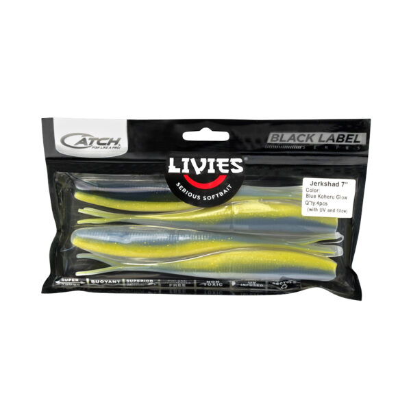 Check out this pack of four Catch Black Label Livies 7" Jerkshad softbait lures, decked out in a mesmerizing blue kohuru glow. They're all snug and secure in sleek clear plastic packaging, making it simple to see exactly what you're getting before you hit the water. Perfect for anglers ready to make their next big catch with a touch of style!.