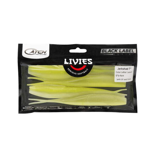 Add a splash of excitement to your tackle box with our pack of four 7" yellow soft plastic fishing lures, the "Catch Black Label Livies Jerkshad." Designed with UV and glow enhancements, these lures are ready to entice fish like never before. Perfect for those underwater adventures where you aim to reel in the big ones—get ready for some serious strikes!.