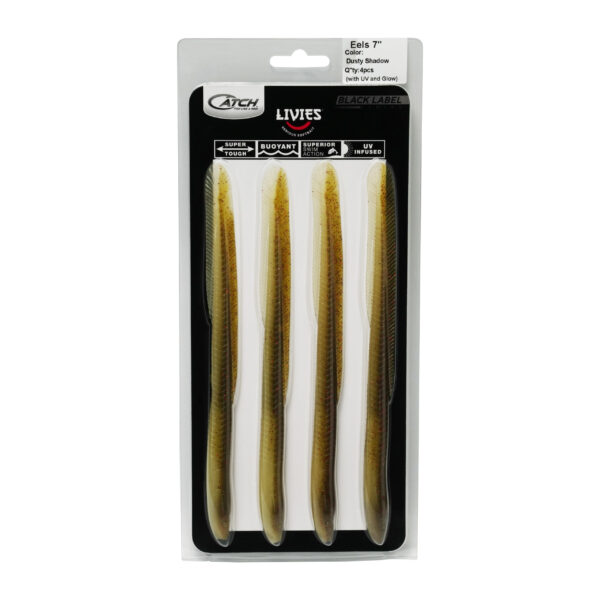 Introducing the ultimate fishing companion from the Catch Black Label Livies collection! This package contains four 7-inch brown eel-shaped fishing lures, perfect for reeling in your next big catch. Neatly enclosed in clear plastic and sturdy cardboard packaging, these lures are designed to impress both fresh and saltwater anglers alike. Get ready to elevate your angling game with these lifelike, high-performance beauties!.