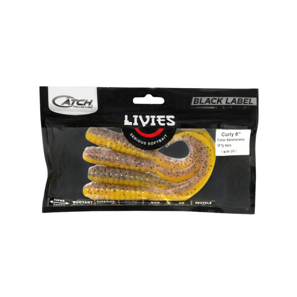 Check out the Catch Black Label Livies Curly Tails in the slick Cok Banana color, a game-changing 6" soft plastic lure that's turning heads! With its rad yellow speckled body, this top-tier fishing gear is crafted for anglers who demand nothing but peak performance on their adventures.