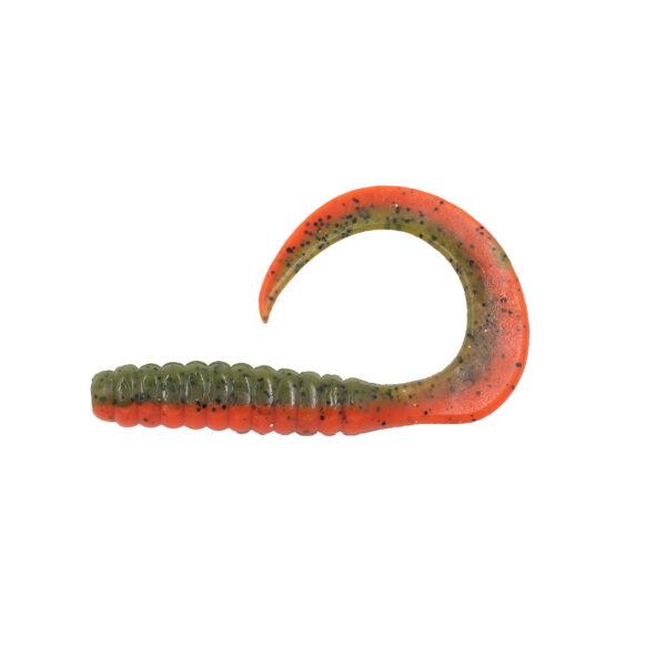 Check out the Catch Black Label Livies Curly Tails soft plastic lure! It sports a ribbed, segmented body that’s just begging for action, topped off with its signature curly tail. The two-tone green and orange design pops, speckled with black for that extra flair to drive fish wild.