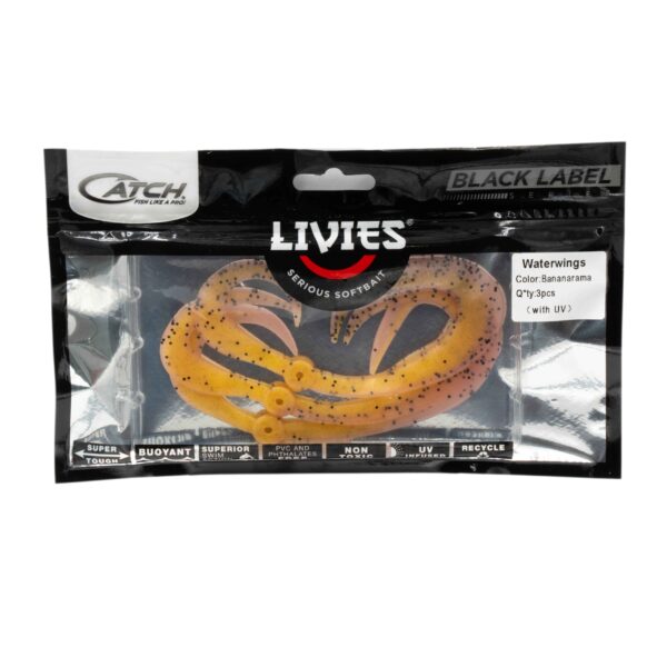 Introducing the Catch Black Label Livies Water Wings lures in a bold banana color with striking black speckles! This pack of three not only features incredible buoyancy but also includes UV properties to enhance your angling game. Perfect for those who demand performance and style on every cast.