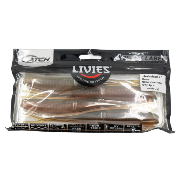 Hooked on fishing? Check out the Catch Black Label Livies Jerkshad pack over at BerleyPro! Dive in with four striking 7" lures in the legendary Nebo's Nemesis color, complete with UV-enhanced properties to light up your angling game. Perfect for those looking to reel in that prize catch!.