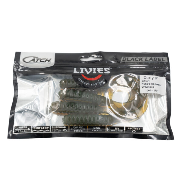 Introducing the "Catch Black Label Livies Curly Tails" from BerleyPro, where the excitement of the hunt meets unrivaled lure craftsmanship. Unwrap a sealed treasure trove of six 6-inch NaBu Nemesis lures, each poised to elevate your fishing game. Encased in sleek black packaging with strategic transparent sections, these greenish-brown marvels stand ready to entice even the most elusive catch. With Catch’s Black Label at your side, it's more than fishing—it's an adventure!.