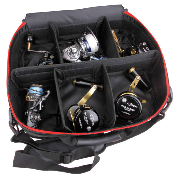 Get ready to elevate your fishing game with the Catch 6 Compartment Reel Bag, crafted with precision to snugly cradle your prized collection of black and gold fishing reels. This is not just a bag—it’s your ticket to reeling in the ultimate catch, the BerleyPro way!.