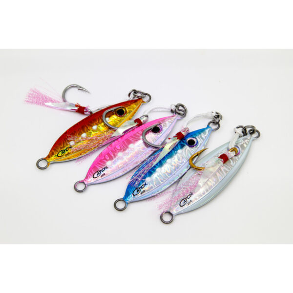 Feast your eyes on this stunning lineup of four vibrant metallic fishing lures, ready to elevate your angling game! Among them is the incredible Catch Baby Boss Jig, each one dazzling with hooks and tassels designed for maximum allure. Adorned in a shiny finish, these beauties shimmer in gold, pink, blue, and silver hues—turning heads both above and below the water.