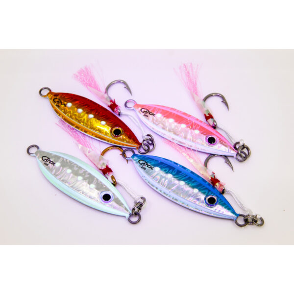 Check out these four vibrant fishing lures, headlined by the slick Catch Baby Boss Jig. With its shiny metallic finish and razor-sharp hooks, these bad boys are expertly laid out against a crisp white backdrop. It's pure eye candy for any angler looking to up their game!.