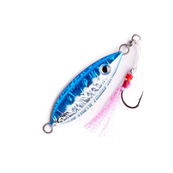 Meet the Catch Baby Boss Jig - your new go-to for reeling in the big ones! This bad boy comes dressed to impress in a slick blue and silver combo, with a flashy pink tassel that adds just the right touch of flair. Outfitted with a sharp single hook, it's ready to make every cast count. Perfect for those looking to up their fishing game!.