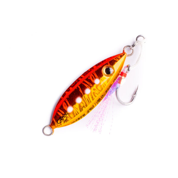 Introducing the Catch Baby Boss Jig – your ultimate fishing sidekick for reeling in the big ones! Decked out with a vibrant orange and yellow body, this metallic marvel sports eye-catching white spots that'll make any fish do a double-take. And let’s not forget that snazzy single hook, adorned with multicolored strands popping against a crisp white backdrop. It’s more than just a lure; it’s your ticket to an epic day on the water!.