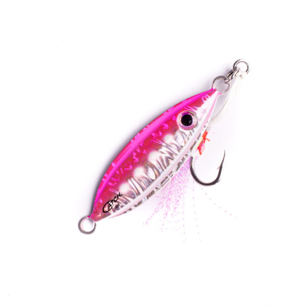 Introducing the Catch Baby Boss Jig – your new secret weapon out on the water! This little dynamo comes dressed to impress in a vibrant pink and silver, featuring a stunning metallic finish that fish simply can't resist. Equipped with a sharp single hook and adorned with small strands for that extra bit of allure, this jig is all about maximizing your catch potential. Ready to up your fishing game? The Baby Boss has got you covered!.