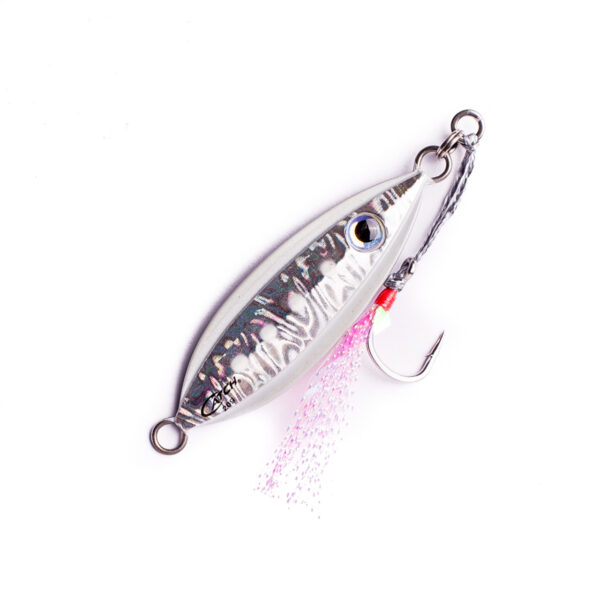 Check out the Catch Baby Boss Jig—it's a dazzler! With its metallic, reflective body and that pink tasseled hook glinting on the right, it's pure eye candy against a clean white backdrop. Perfect for grabbing attention and making waves!.