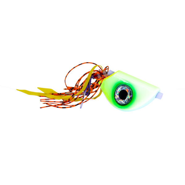 Introducing the Catch Beady Eye Kabura Jig! This bad boy is a game-changer for any angler. With its vibrant green head and ultra-realistic eye, it’s designed to catch the attention of any fish in sight. Add in those colorful trailing strands, and you’ve got yourself an irresistible combo that’ll have fish biting in no time!.