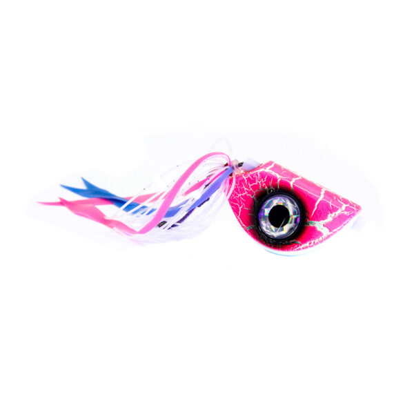 Enhance your fishing adventure with the Catch Beady Eye Kabura Jig, a standout on the water! This vibrant lure boasts a striking pink head and a prominent eye, engineered to attract attention beneath the waves. The streamer-like tail with its energetic blend of blue, pink, and white hues set against a clean white backdrop ensures you'll not only get bites but also reel in unforgettable memories.