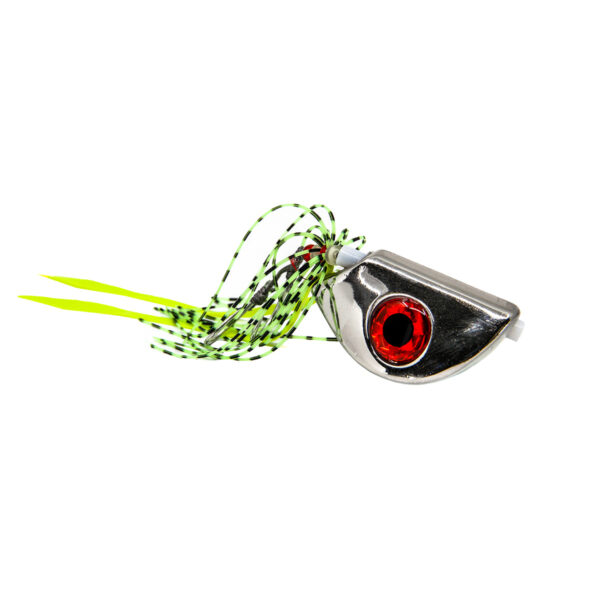 Check out the Catch Beady Eye Kabura Jig! It's a killer metallic lure that's turning heads with its striking red eye and bold green-yellow fringe. Perfect for those wanting to up their fishing game!.