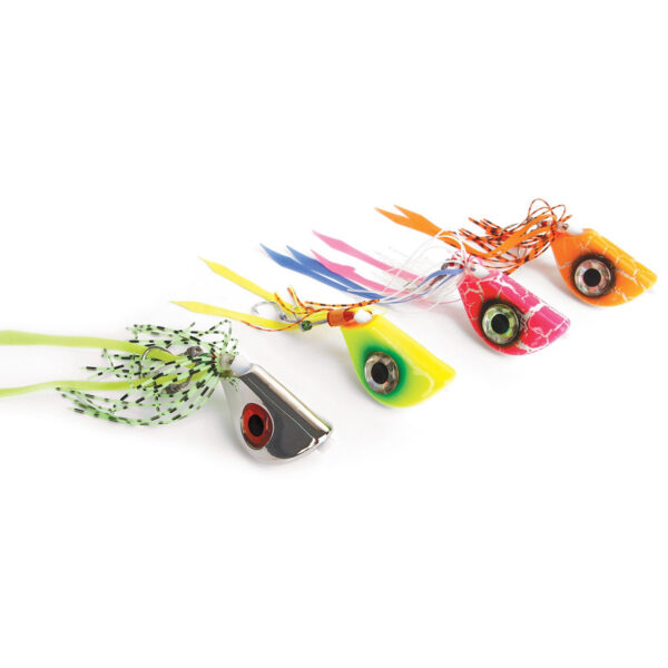 Check out these five vibrant fishing lures—each one a masterpiece with its own unique colors and long, flowing tails. They radiate the elegance of a Catch Beady Eye Kabura Jig, just like you’d expect from top-notch gear. Perfect for anglers who want nothing but the best!.