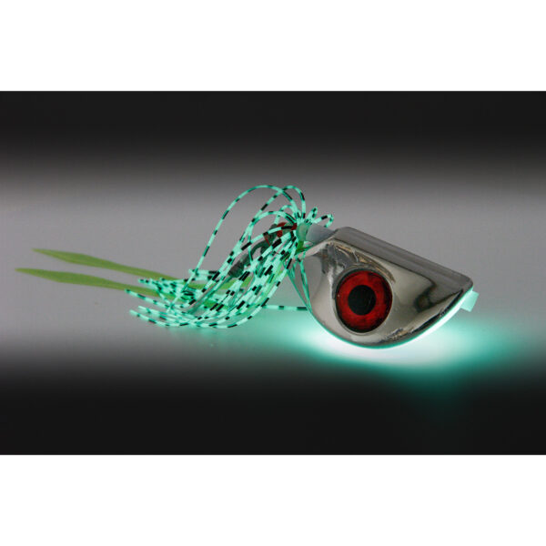 Check out the Catch Beady Eye Kabura Jig! It's a killer metallic fishing lure featuring a glowing effect and vibrant green strands designed to draw in the big ones, even when light is low. Perfect for bringing those elusive fish right to your line!.