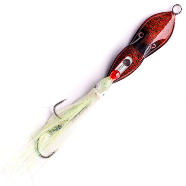 Introducing the Catch Boss Squid Inchiku Jig! Designed with a detailed squid pattern and equipped with double hooks, vibrant tassels, and a striking red bead. This beauty isn’t just about looks—it’s your ultimate companion for boosting fishing success!.