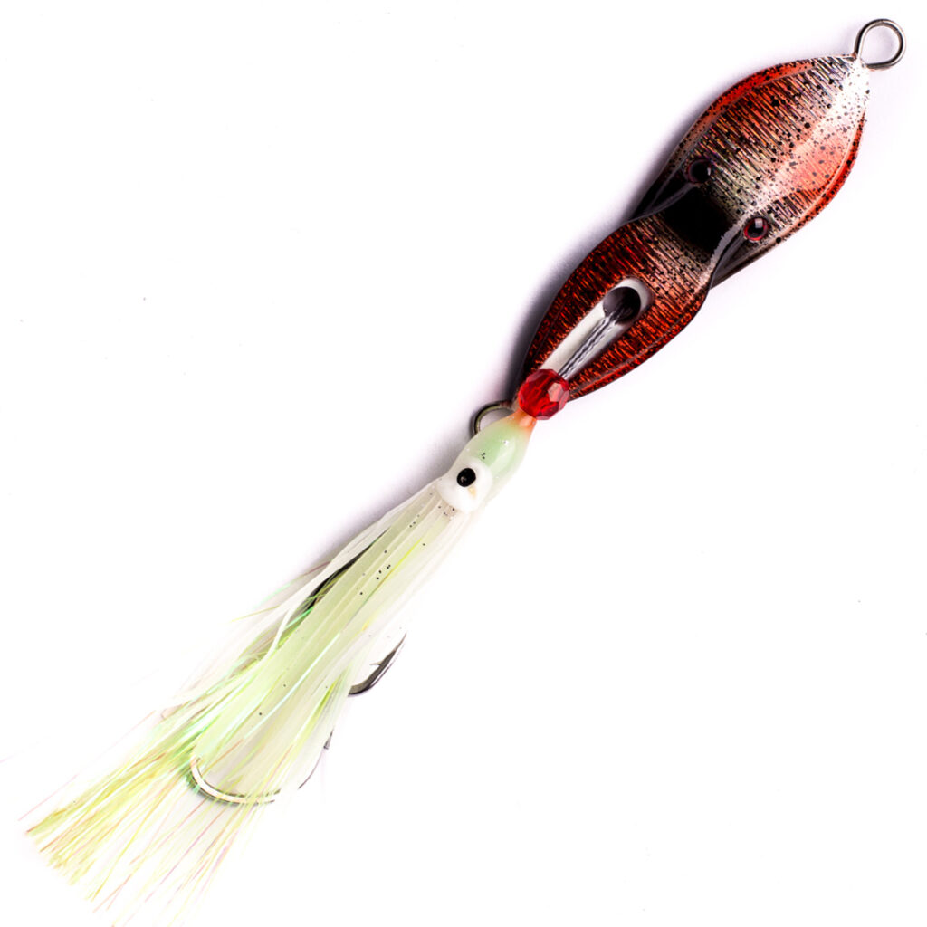 Catch Boss Squid Inchiku Jig: This bad boy's dressed to impress with a slick red and silver body, topped off by a white squid-like skirt. It's got that classic Inchiku Jig vibe, and it's ready to take on the open water with its trusty single hook. All showcased against a pristine white background, it's the ultimate lure for any fishing adventure!.