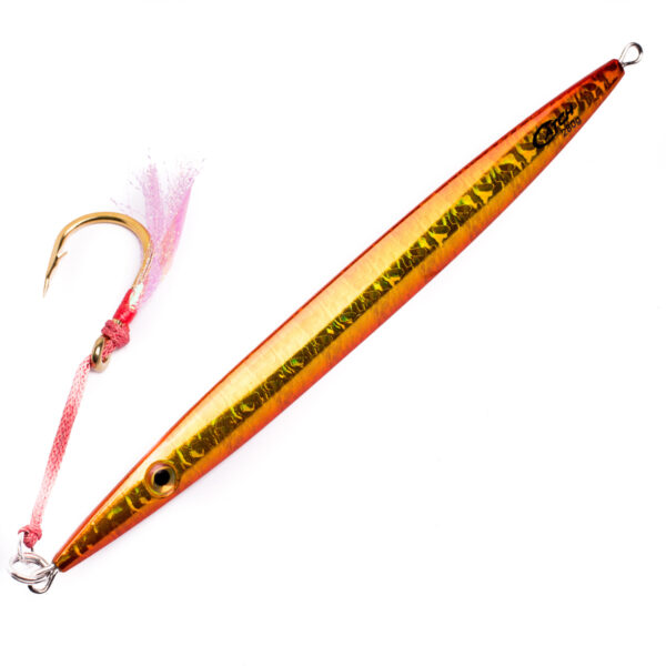 The Catch Deep-V Slowpitch Jig ramps up your fishing game with its dazzling orange and yellow pattern, paired with a single hook wrapped in vibrant pink thread. It's your ticket to reeling in an unforgettable catch!.