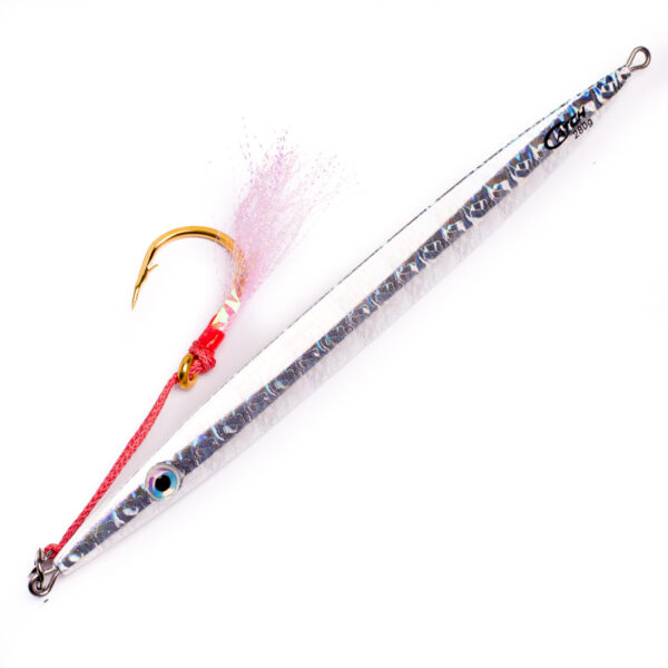 Hook into the action with The Catch Deep-V Slowpitch Jig, where precision meets style. This bad boy sports a slick, elongated metallic body complete with a textured finish that screams finesse. Decked out with a single gold hook, it's locked and loaded using vibrant red thread and popping pink fibers. Fish won't know what hit 'em!.