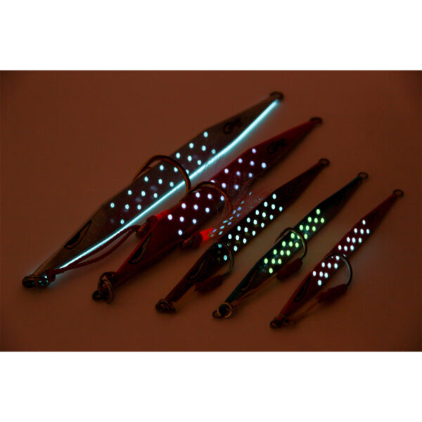 Introducing the ultimate game-changer for your tackle box: a set of five killer fishing lures that light up the water with vibrant green, blue, and red hues in low-light conditions. At the heart of this collection is our standout star, the Catch Double Trouble Jig — precision-engineered to charm even the trickiest catches out there. Get ready to elevate your angling experience like never before!.