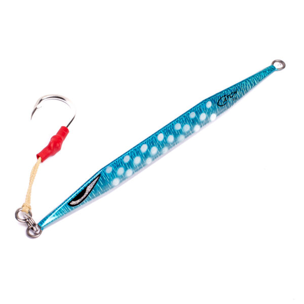 Introducing the Catch Double Trouble Jig, where blue and silver meet the magic of fishing mastery! This beauty sports white spots and a dazzling metallic finish that screams irresistible to anything with gills. Equipped with a rock-solid single metal hook, expertly fastened with premium fishing line, it's your go-to lure for reeling in that trophy fish you've been dreaming about. Get ready to make every cast count with this ultimate angler’s secret weapon!.