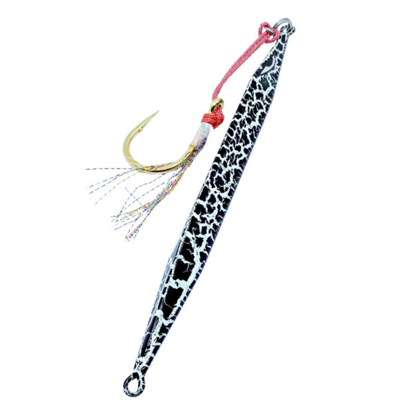 Introducing the Catch Double Trouble Jig—your new secret weapon on the water! This epic metallic lure sports a sleek black and white cracked design that just screams "bite me!" With its golden hook dancing off a lively pink cord and vibrant, multicolored strands, it’s practically irresistible. Whether you're chasing monster fish or just enjoying a day out, this jig guarantees action-packed adventure with every cast. Get ready to experience fishing like never before!.