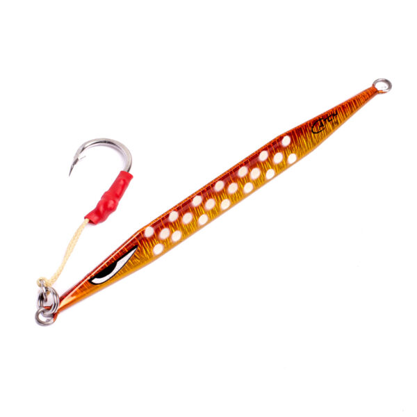 Introducing the Catch Double Trouble Jig, a head-turner on any waterway! This metallic marvel is crafted to perfection, flaunting eye-catching bright orange and yellow hues that demand attention. With playful white spots dancing across a crisp white background, this lure is ready to make a splash. It's not just about looks—this jig comes equipped with a sharp hook to ensure you land the big one. Get ready for some serious fishing fun!.