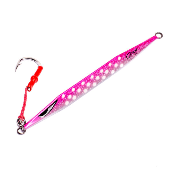 Introducing the Catch Double Trouble Jig, the ultimate fish magnet! With its eye-catching pink and silver metallic body sprinkled with white dots, this jig is a must-have in your tackle box. The hook is neatly tied with red thread, ensuring it stands out to lure in any fish that dares swim by. This trusty lure’s ready to make waves and turn your fishing trip into a resounding success!.