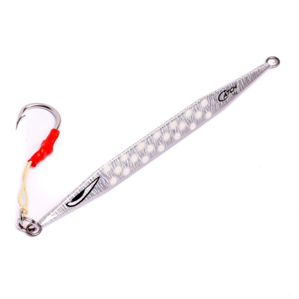 Introducing the Catch Double Trouble Jig — your new best mate for luring in those trophy fish! With its sleek silver finish and streamlined shape, this jig glides effortlessly through the water, catching every fish's eye. We've added a treble hook on a short cord for maximum hold and crafted it with a reflective surface enhanced by dot patterns that practically scream "Bite me!" Get ready to reel in success with this irresistible fishing companion.