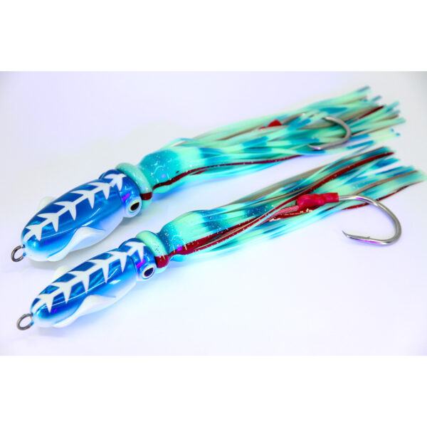 Check out these beauties: a perfect pair of Catch Giant Squidwings Jigs in striking blue and white. With frilled skirts and hooks, these jigs stand ready side by side on a crisp white background, just itching to dive into action!.