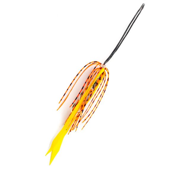 Check out the Catch Kabura Skirts fishing lure in an eye-popping yellow and orange combo, complete with those sleek, long strands that dance through the water. It’s got a sharp hook on one end ready to reel in your next big catch, all showcased against a clean white background. Perfect for that pro angler vibe!.