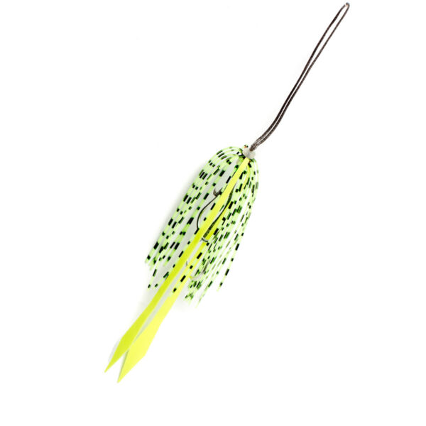 Introducing the Catch Kabura Skirts—your ultimate fishing companion! This vibrant green lure, decked out with a multi-strand skirt and hook, is designed to draw in the fish like never before. Highlighting black speckled strands, it's not just a fishing tool; it's your ticket to catching the big one. Photographed against a crisp white background, this lure stands out, just like it will in any water. Prepare to reel in success!.