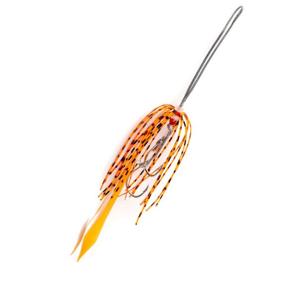 Introducing the eye-catching orange and black striped Catch Kabura Skirts fishing lure! Designed to stand out, this striking lure flaunts multiple hooks and a fluttery long tail. Against a pristine white backdrop, it's not just a tool—it's your next secret weapon for an unbeatable fishing experience. Dive in and let the adventure begin!.