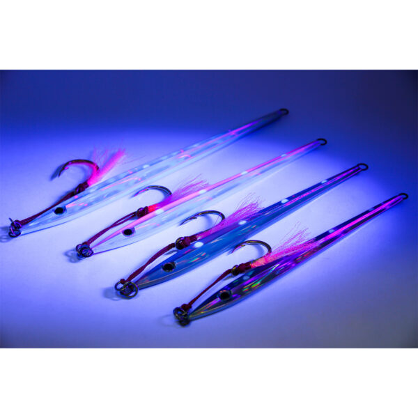 Alright, folks! Get ready for a dazzling display of fishing ingenuity courtesy of BerleyPro. We've got five vibrant lures laid out right here, including the slick Catch Long John Slider Mechanical Jig. Just check out how these beauties shimmer and shine under those cool blue and pink lights! They're not just eye candy, though; they're designed to hook you up with some serious catches. Let these lures dazzle on your next adventure!.
