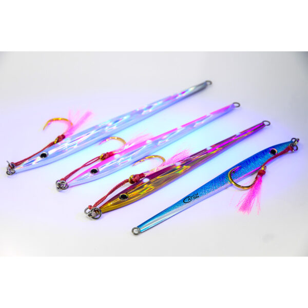 Check out these four vibrant fishing lures crafted for serious anglers! Front and center is the Catch Long John Slider Mechanical Jig, an absolute masterpiece of engineering. Each lure boasts reflective surfaces that shimmer beautifully against a clean white backdrop. Get ready to elevate your fishing game with these expertly designed tools from BerleyPro!.