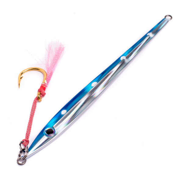 Introducing the Catch Long John Slider Mechanical Jig, where craftsmanship meets aquatic allure. This sleek metal lure flaunts a mesmerizing blue-silver finish that glistens beneath the water's surface. Equipped with a single gold hook tied securely on a vibrant pink string, it promises not just functionality but style. Its elongated, streamlined design and strategically placed small body holes are all precision-engineered to enhance your fishing experience. Prepare for an impressive catch with this dynamic addition to your tackle box!.