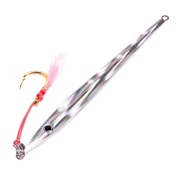 Meet the Catch Long John Slider Mechanical Jig, your new metallic marvel in the fishing world! Equipped with a single hook secured by a vibrant red string, this lure is crafted to flawlessly imitate that sought-after slider action. Get ready to reel in an irresistible catch and elevate your fishing game!.