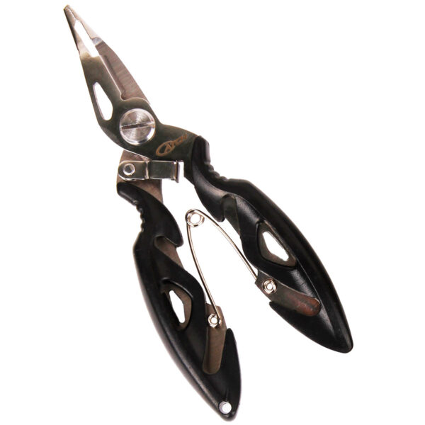 Introducing the Catch Pliers: Expertly designed with a sleek black handle, a smooth spring mechanism, an efficient wire cutter, and a sharp needle-nose tip to meet all your angling needs with style and precision.